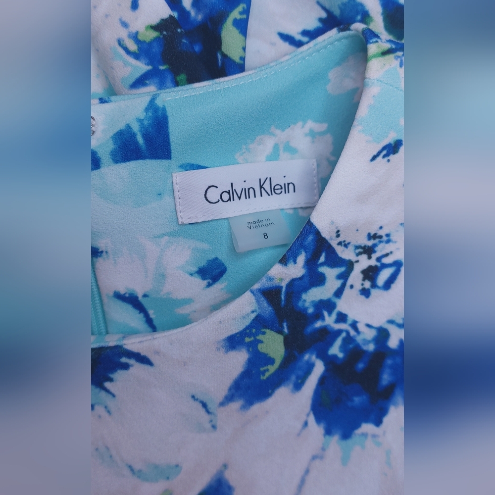 Calvin Klein Floral Sleeveless Fit and Flare Dress Size 8 Green Blue Sea Glass - Picture 9 of 14